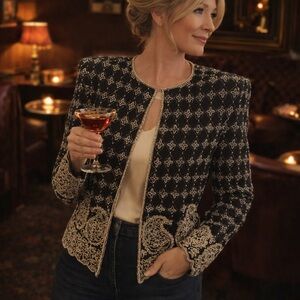 Vintage 1980’s Silky Nites Stunning Beaded Navy Blue Silk Evening Jacket, Size M